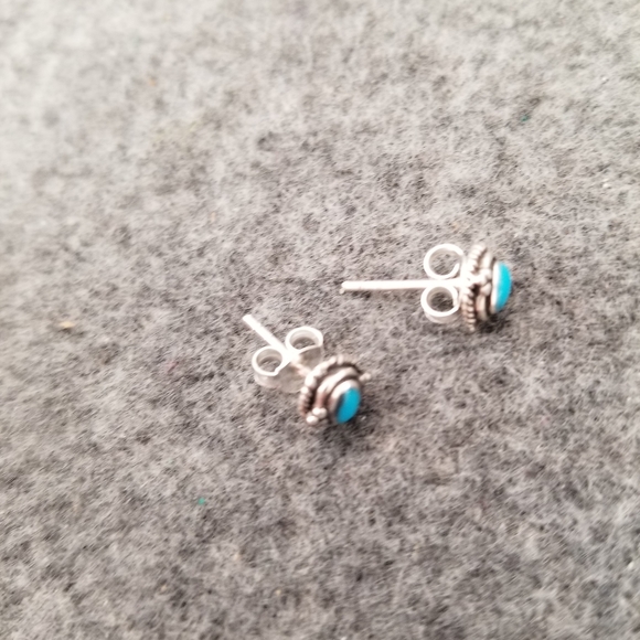 Native American 925 Sterling Turquoise Studs> Turquoise Earrings, Tiny Earrings - Picture 2 of 4